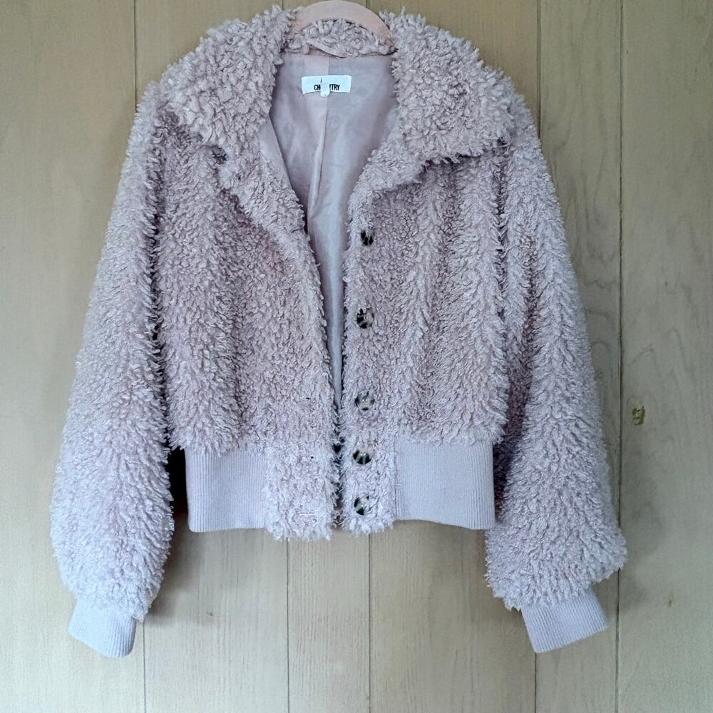 CHEMIZTRY Pink Fuzzy Sherpa Cropped Bomber Jacket Coat S Button Front Cozy